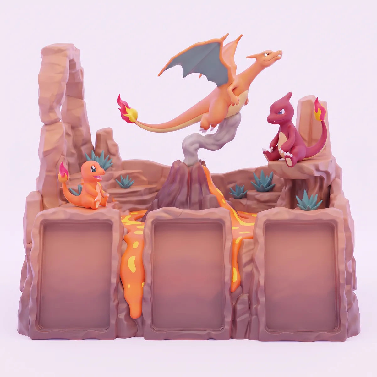 A canyon with a volcano and three card windows, with Charmander, Charmeleon and Charizard