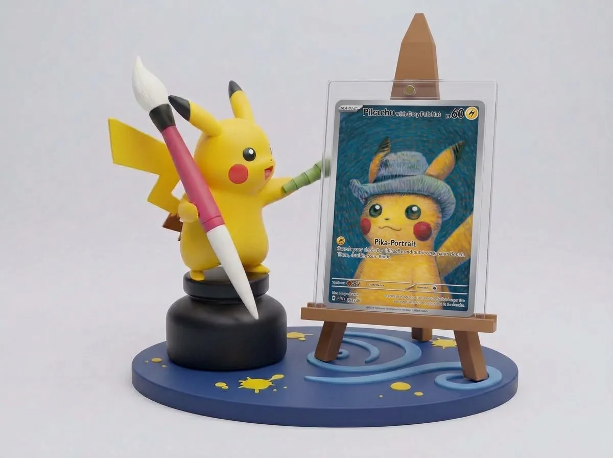 Pikachu on an ink bottle painting at an easel that holds a card in a case